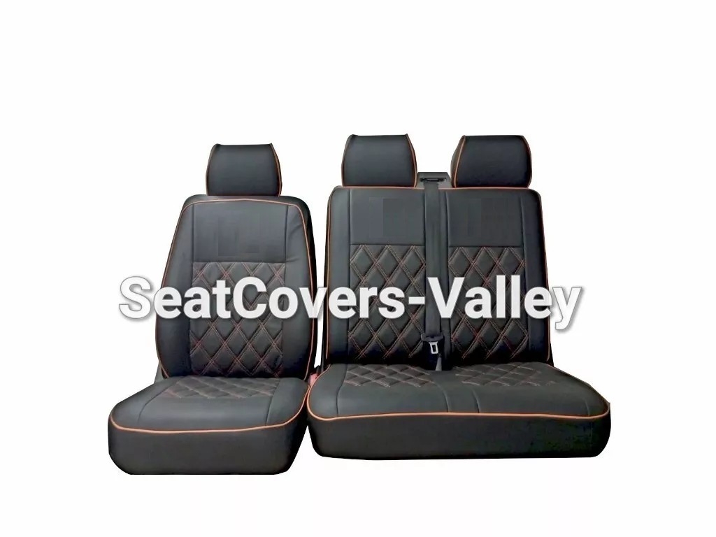 VW Transporter T5 T5.1 T6 T6.1 Leatherette Seat Covers (Full Black With Orange Diamond Stitching's & Piping's) - van seat covers