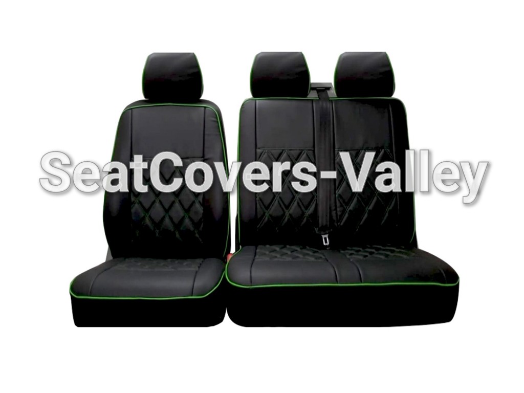 VW Transporter T5 T5.1 T6 T6.1 Leatherette Seat Covers (Full Black With Green Diamond Stitching's & Piping's) - van seat covers