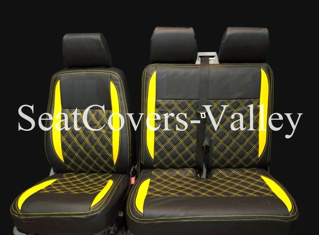 VW Transporter T5 T5.1 T6 T6.1 Leatherette Seat Covers (Black & Yellow With Yellow Diamond Stitching's) - van seat covers