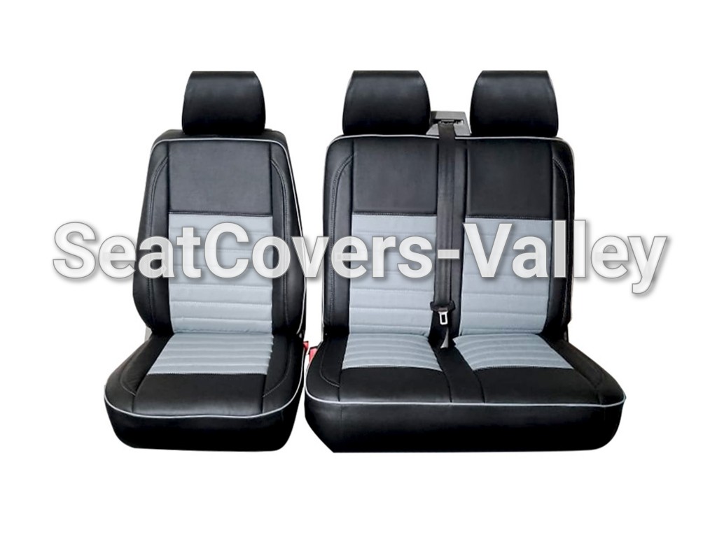 VW Transporter T5 T5.1 T6 T6.1 Leatherette Seat Covers (Black & Silver With Silver Piping's) - van seat covers