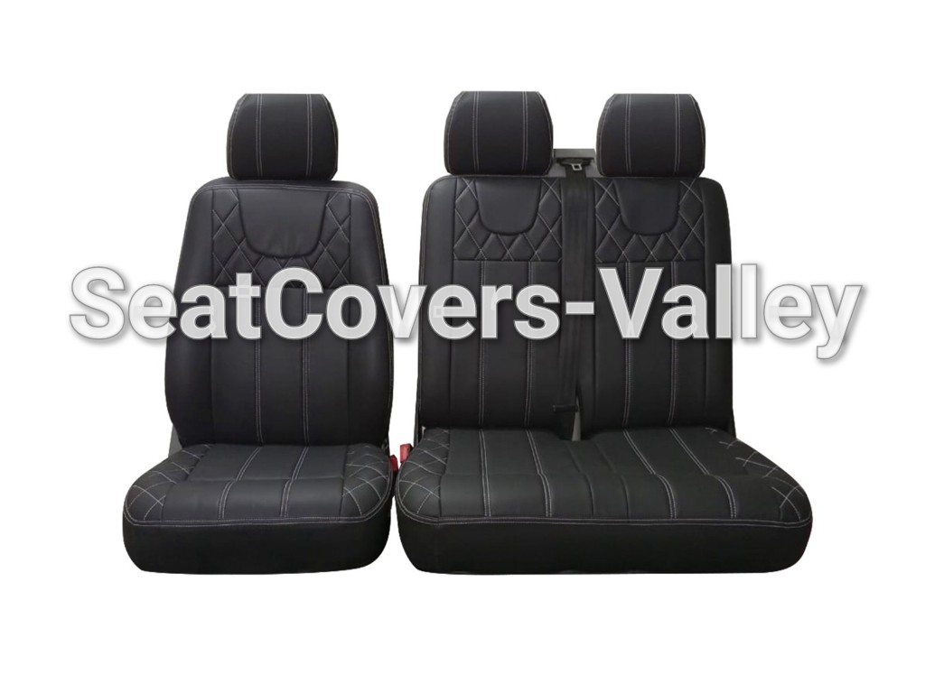 VW Transporter T5 T5.1 T6 T6.1 Leatherette Seat Covers (Black With White Stitching's) - van seat covers