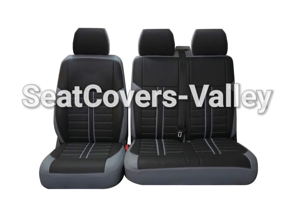 VW Transporter T5 T5.1 T6 T6.1 Leatherette Seat Covers (Black & Silver New Design) - van seat covers