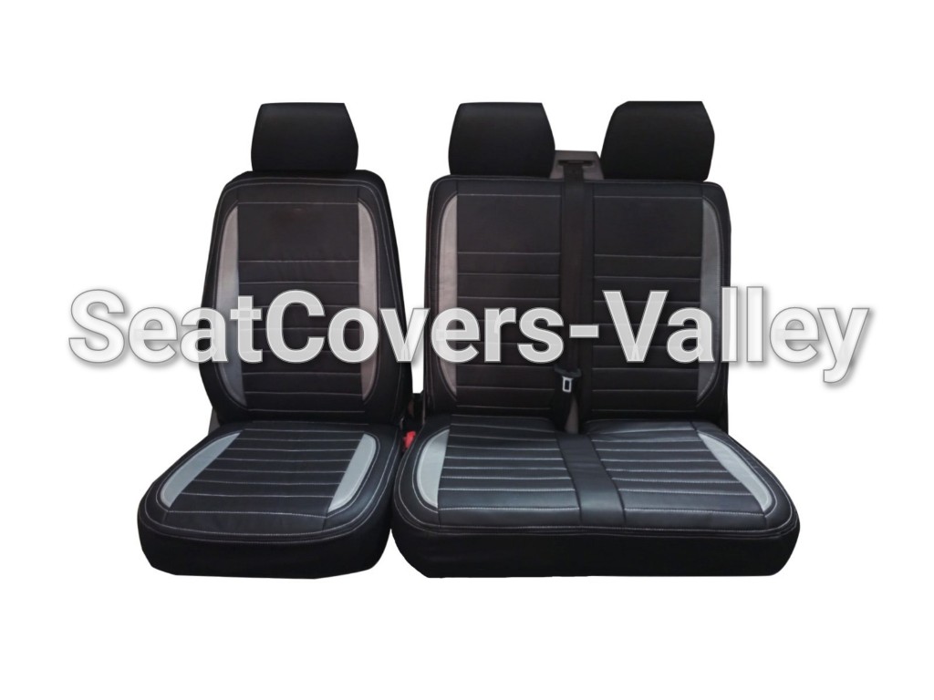 VW Transporter T5 T5.1 T6 T6.1 Leatherette Seat Covers (Black & Silver And In Middle Silver Stitching's) - van seat covers