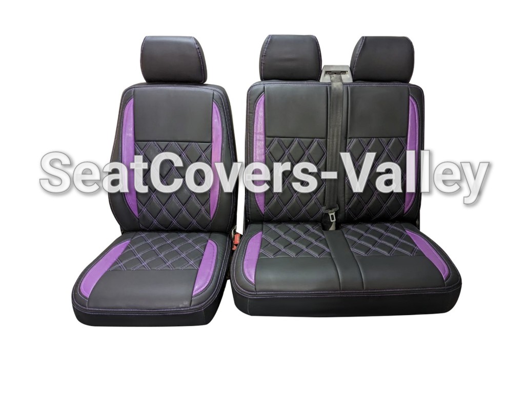 VW Transporter T5 T5.1 T6 T6.1 Leatherette Seat Covers (Black & Purple With Purple Diamond Stitching's) - van seat covers