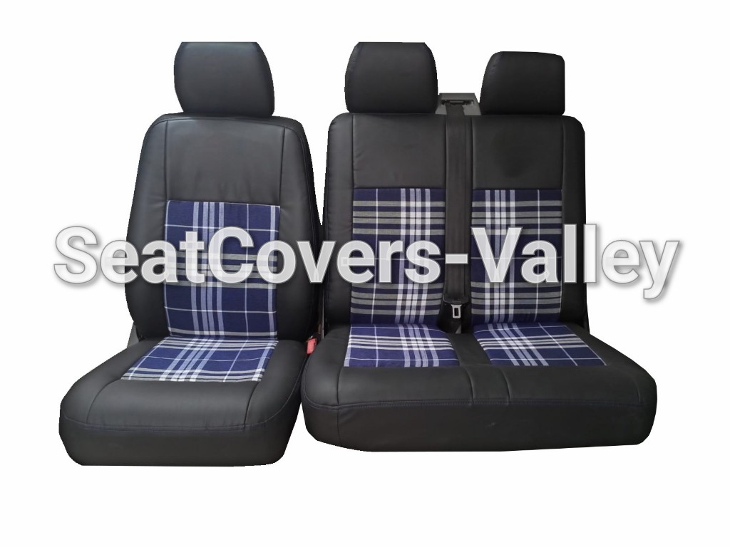 VW Transporter T5 T5.1 T6 T6.1 Leatherette Seat Covers (Black & Check Fabric In Middle) - van seat covers