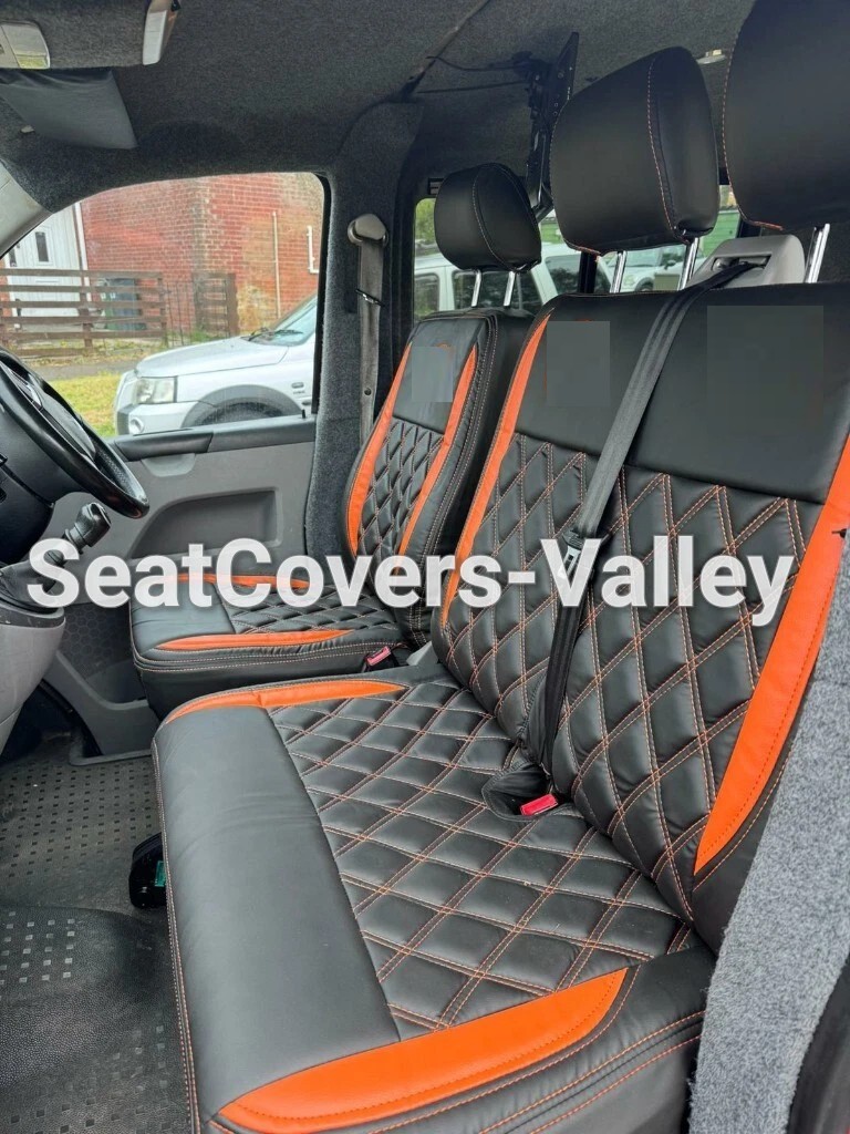 VW Transporter T5 T5.1 T6 T6.1 Leatherette Seat Covers (Black & Orange With Orange Diamonds)