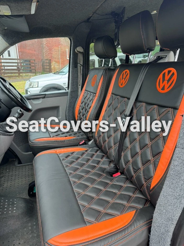 VW Transporter T5 T5.1 T6 T6.1 Leatherette Seat Covers (Black & Orange With Diamond, Logos) - van seat covers