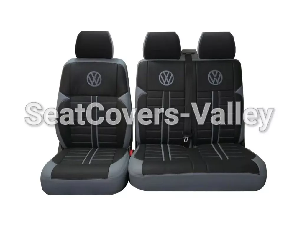 VW Transporter T5 T5.1 T6 T6.1 Leatherette Seat Covers (Black & Silver Design With Logos ) - van seat covers