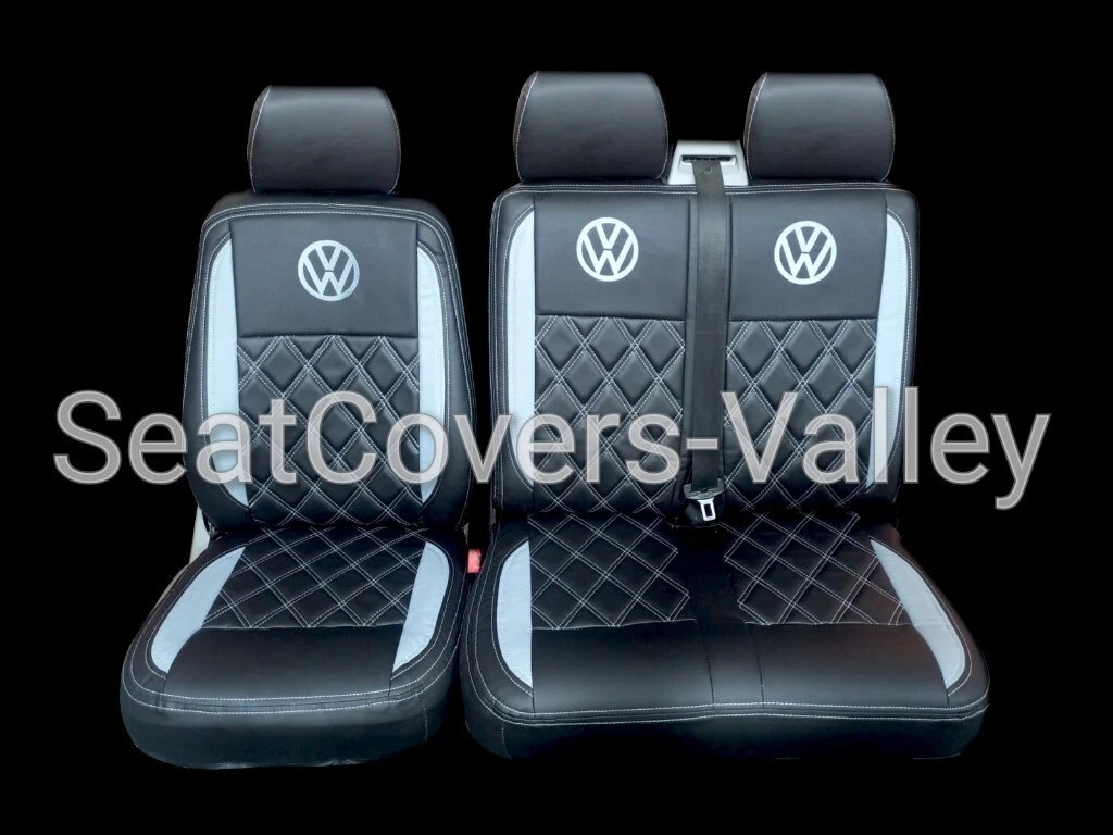 VW Transporter T5 T5.1 T6 T6.1 Leatherette Seat Covers (Black And Silver With Silver Diamonds, Logos) - van seat covers
