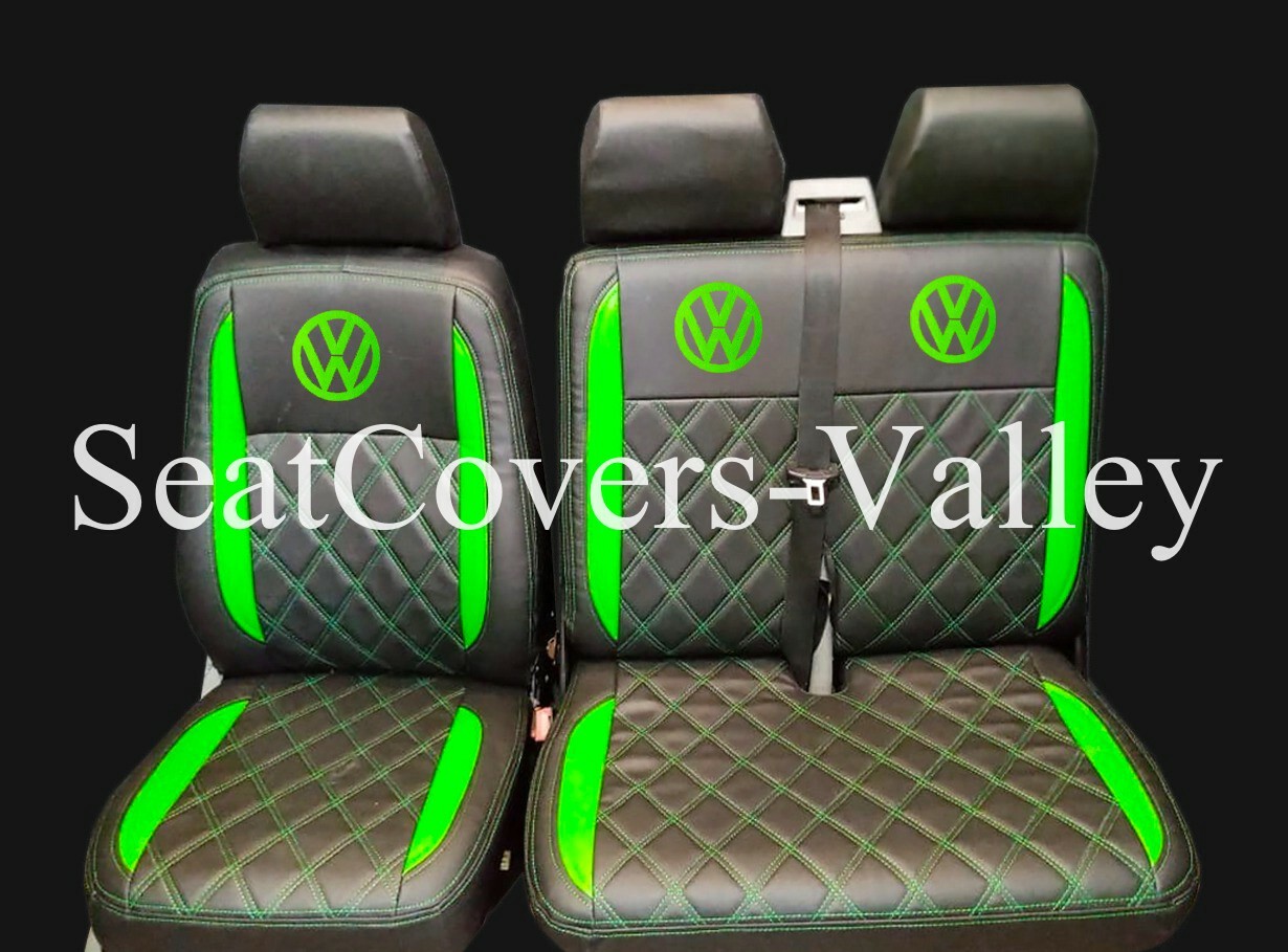 VW Transporter T5 T5.1 T6 T6.1 Leatherette Seat Covers (Black And Green With Green Diamonds, Logos) - van seat covers