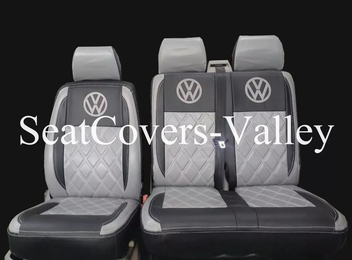 VW Transporter T5 T5.1 T6 T6.1 Leatherette Seat Covers (Grey & Silver With Grey Diamonds, Logos) - van seat covers