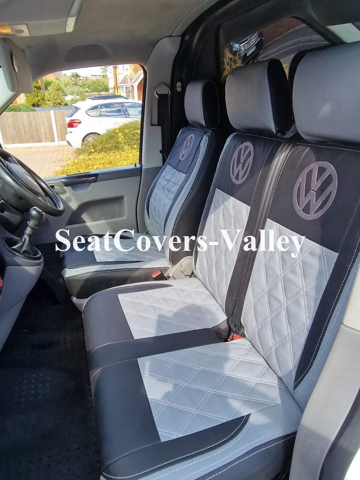 VW Transporter T5 T5.1 T6 T6.1 Leatherette Seat Covers (Black & Silver With Silver Diamonds, Logos) - van seat covers