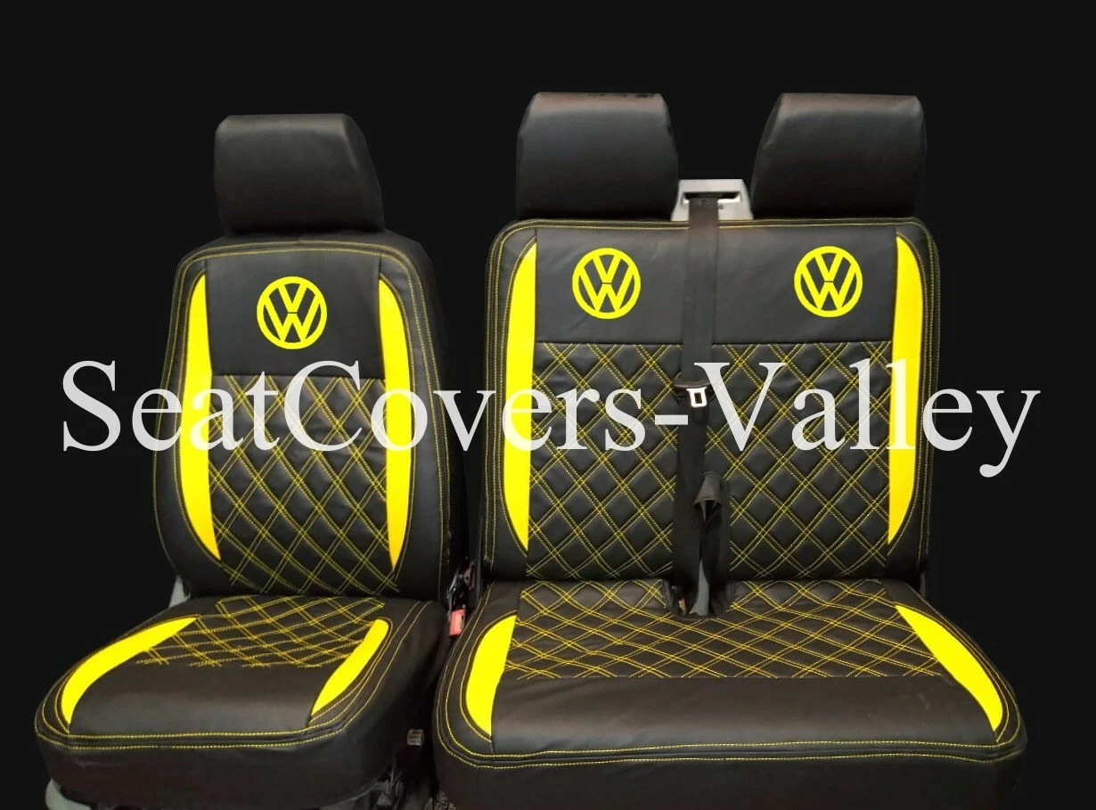 VW Transporter T5 T5.1 T6 T6.1 Leatherette Seat Covers (Black & Yellow With Yellow Diamonds, Logos) - van seat covers