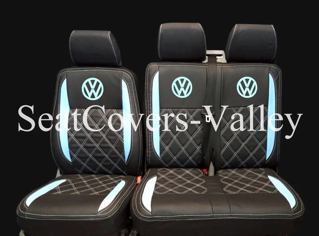 VW Transporter T5 T5.1 T6 T6.1 Leatherette Seat Covers (Black & Light Blue With Light Blue Diamonds, Logos) - van seat covers