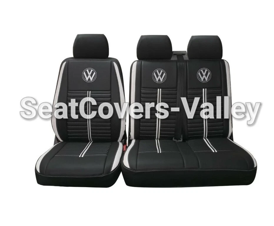 VW Transporter T5 T5.1 T6 T6.1 Leatherette Seat Covers (Black & White With Logos) New Design