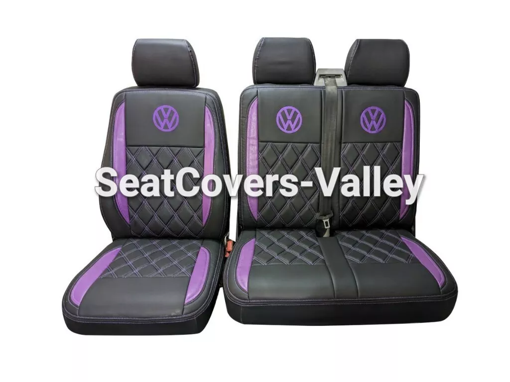 VW Transporter T5 T5.1 T6 T6.1 Leatherette Seat Covers (Black & Purple With Purple Diamonds, Logos) - van seat covers