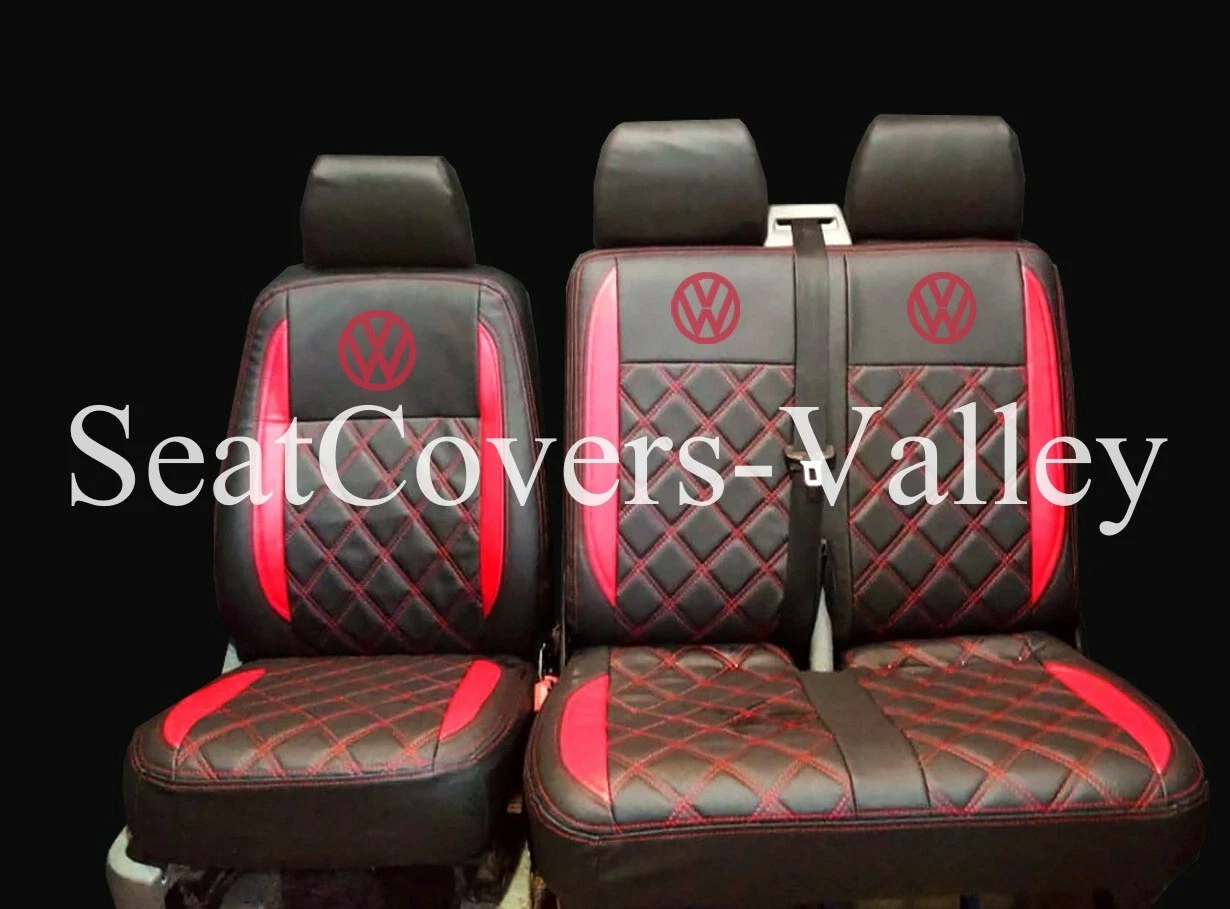 VW Transporter T5 T5.1 T6 T6.1 Leatherette Seat Covers (Black & Red With Red Diamonds, Logos) - van seat covers