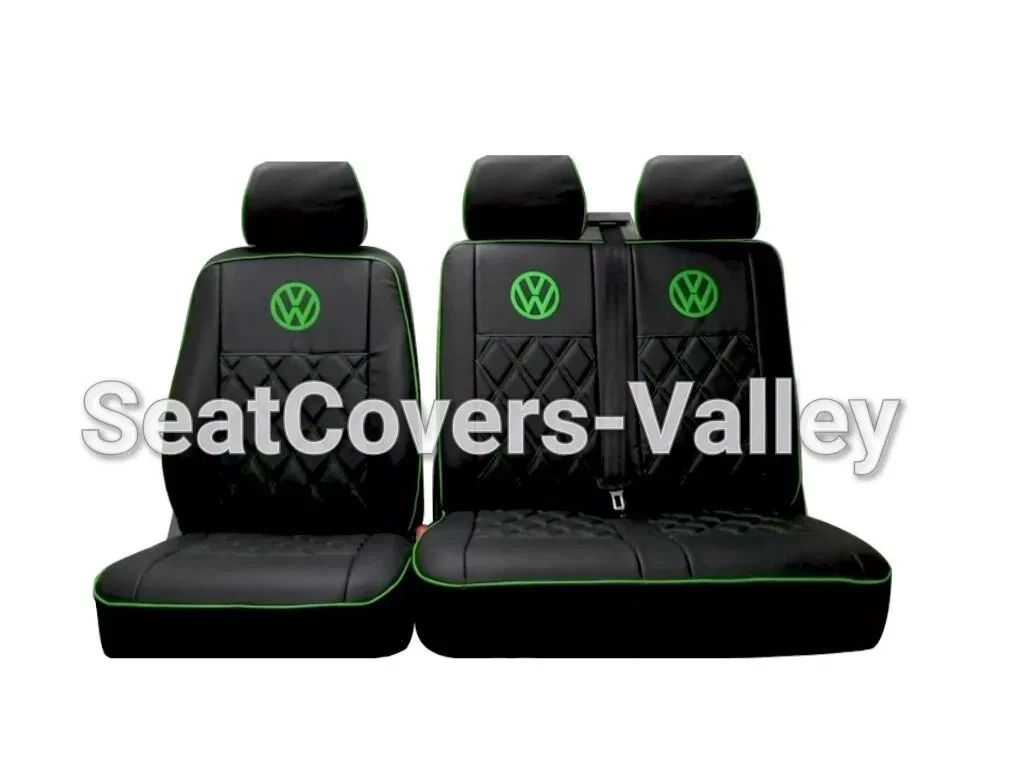 VW Transporter T5 T5.1 T6 T6.1 Leatherette Seat Covers (Full Black With Green Diamonds, Piping's & Logos) - van seat covers