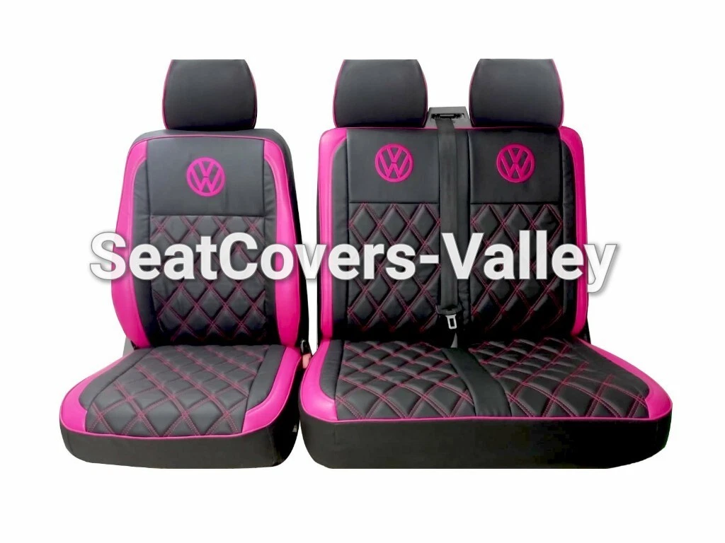 VW Transporter T5 T5.1 T6 T6.1 Leatherette Seat Covers (Black & Pink With Pink Diamonds, Logos) - van seat covers