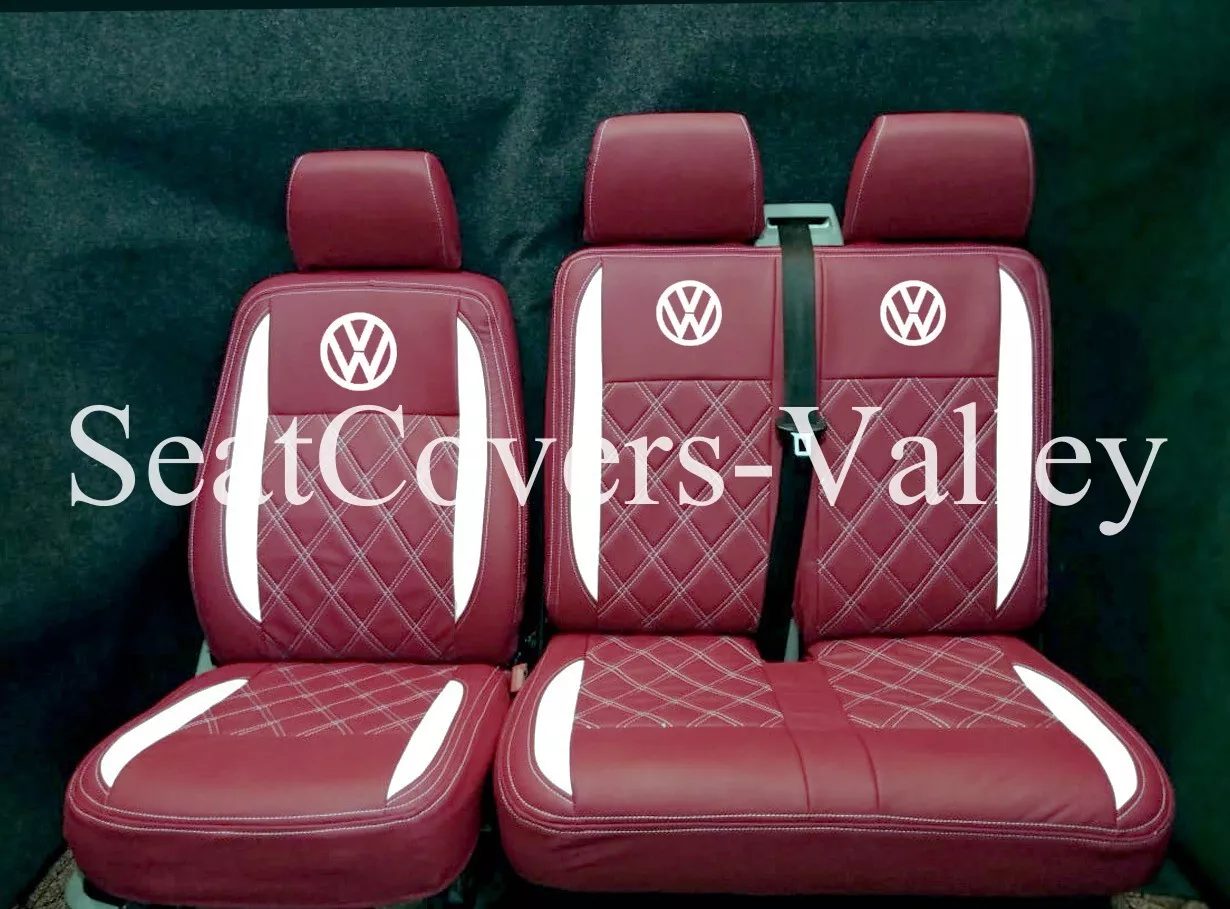 VW Transporter T5 T5.1 T6 T6.1 Leatherette Seat Covers (Burgundy & White With White Diamonds, Logos) - van seat covers