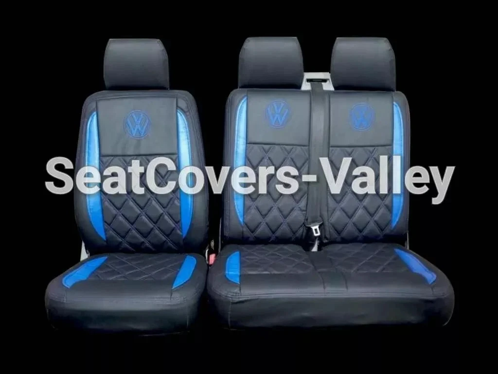 VW Transporter T5 T5.1 T6 T6.1 Leatherette Seat Covers (Black & Dark Blue With Dark Blue Diamonds, Logos) - van seat covers