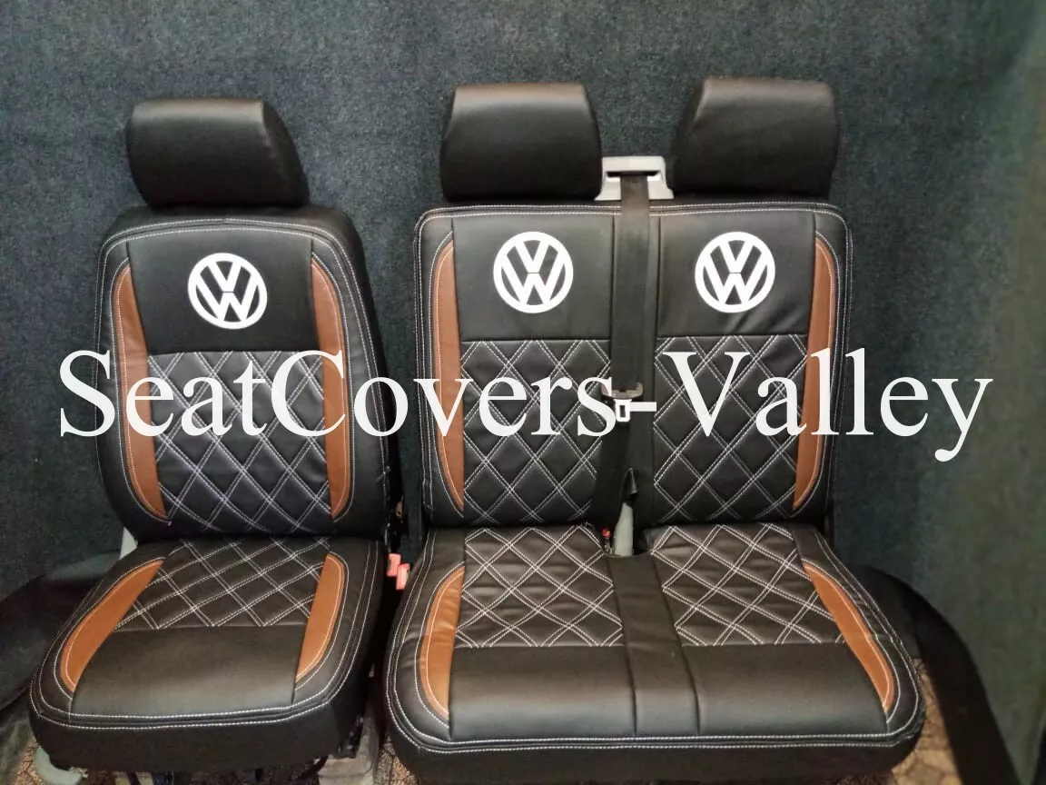 VW Transporter T5 T5.1 T6 T6.1 Leatherette Seat Covers (Black & Brown With White Diamonds, Logos) - van seat covers