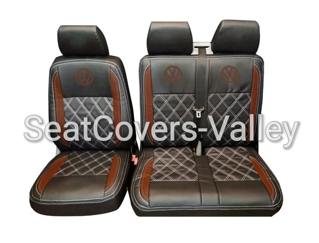 VW Transporter T5 T5.1 T6 T6.1 Leatherette Seat Covers (Black & Brown With White Diamonds And Brown Logos) - van seat covers