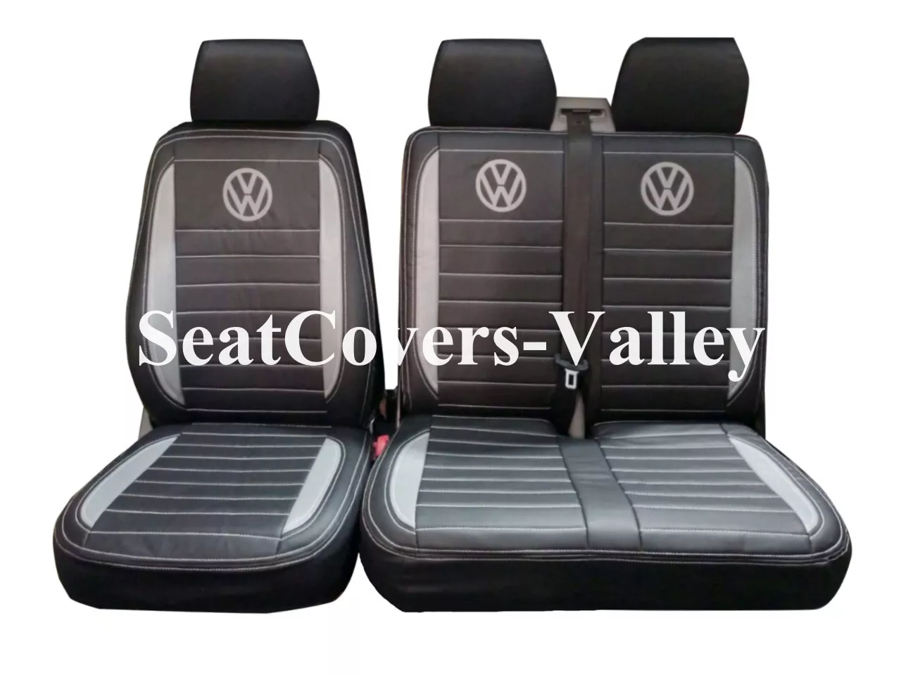 VW Transporter T5 T5.1 T6 T6.1 Leatherette Seat Covers (Black & Silver With Silver VW Logos) - van seat covers