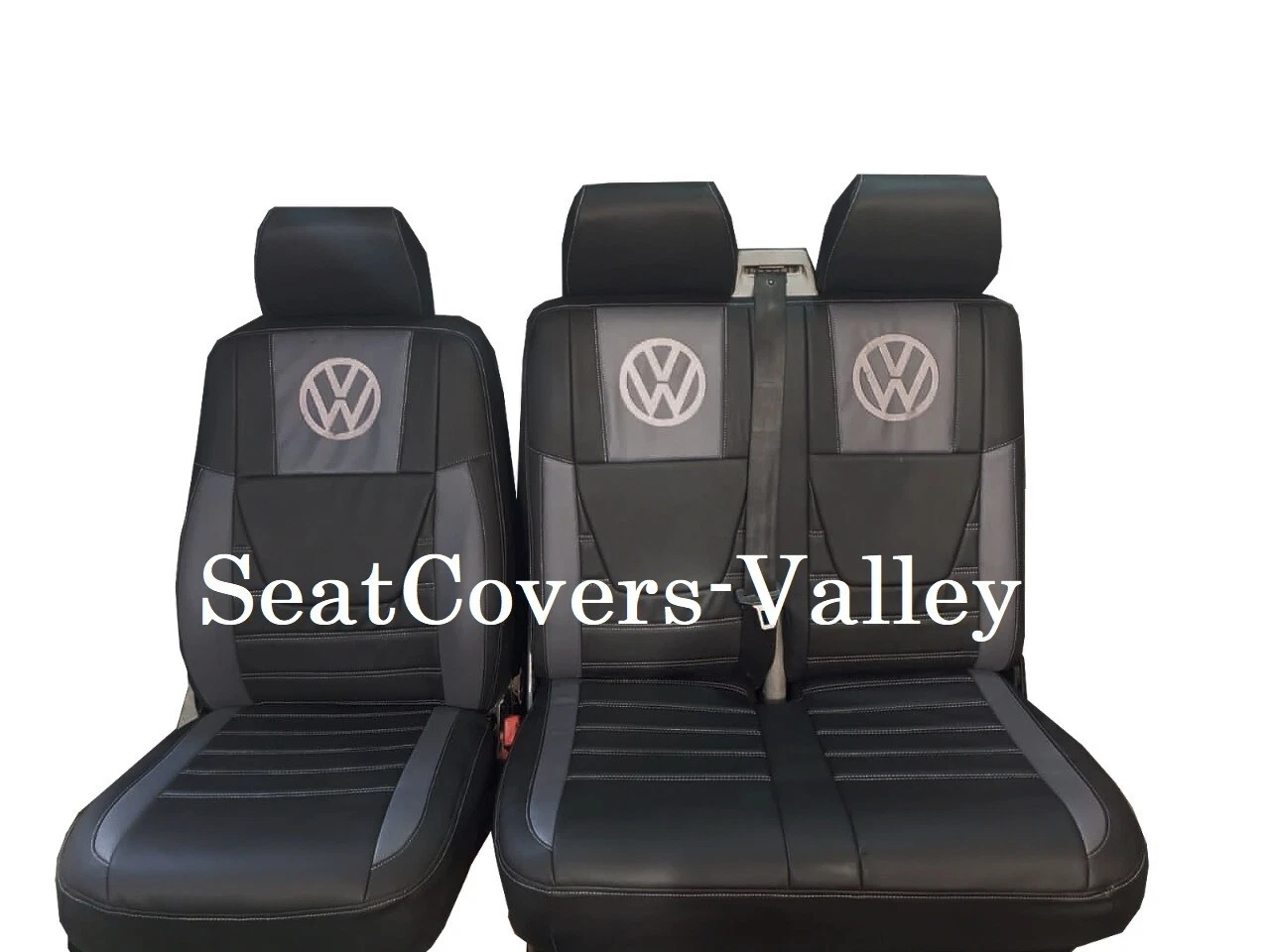 VW Transporter T5 T5.1 T6 T6.1 Leatherette Seat Covers (Black & Grey With Silver VW Logos) - van seat covers