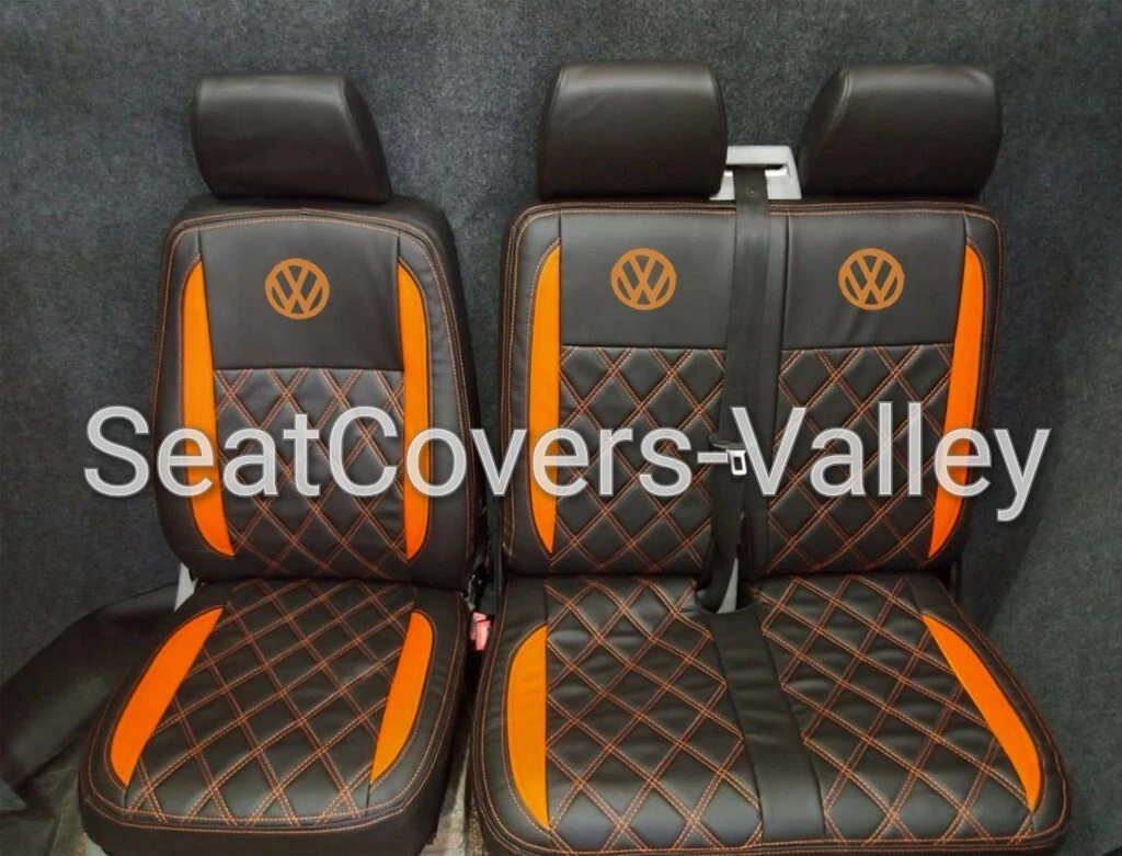 VW Transporter T5 T5.1 T6 T6.1 Leatherette Seat Covers (Black & Orange With Orange Diamonds, VW Logos) - van seat covers