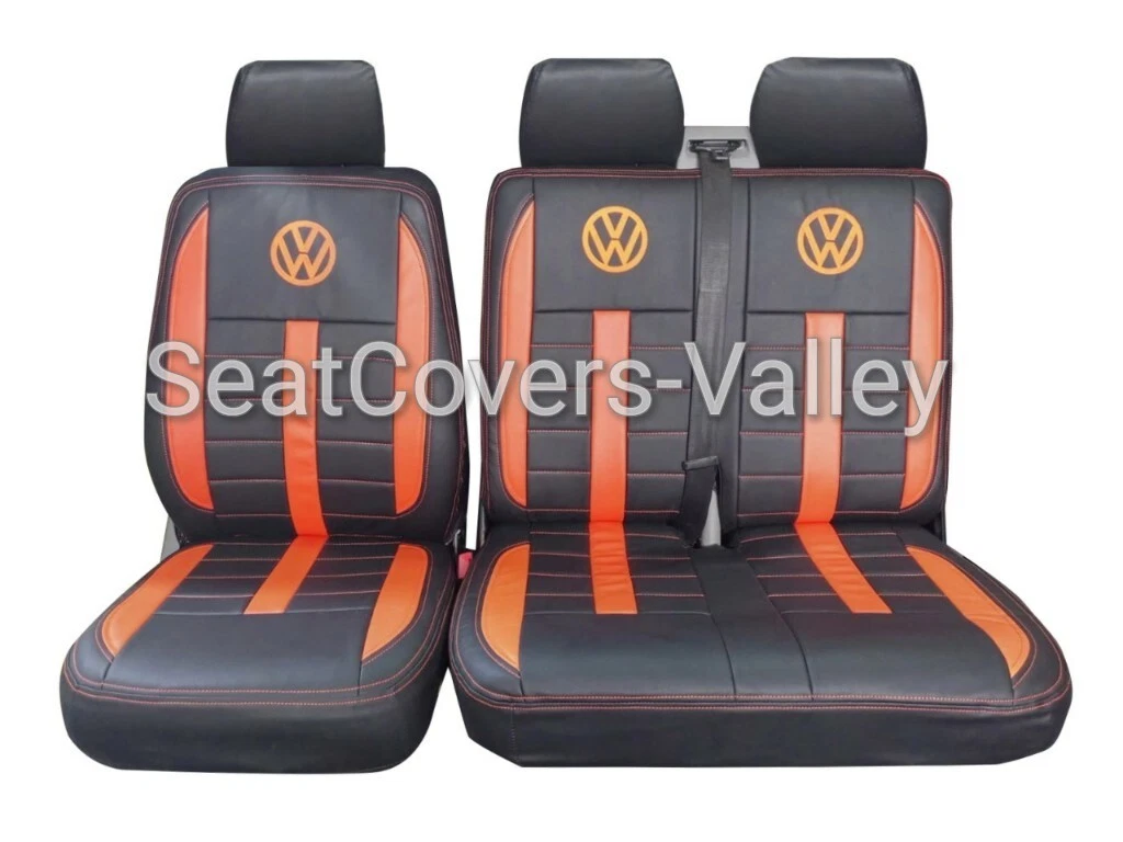 VW Transporter T5 T5.1 T6 T6.1 Leatherette Seat Covers (Black & Orange With Orange VW Logos) New Design - van seat covers