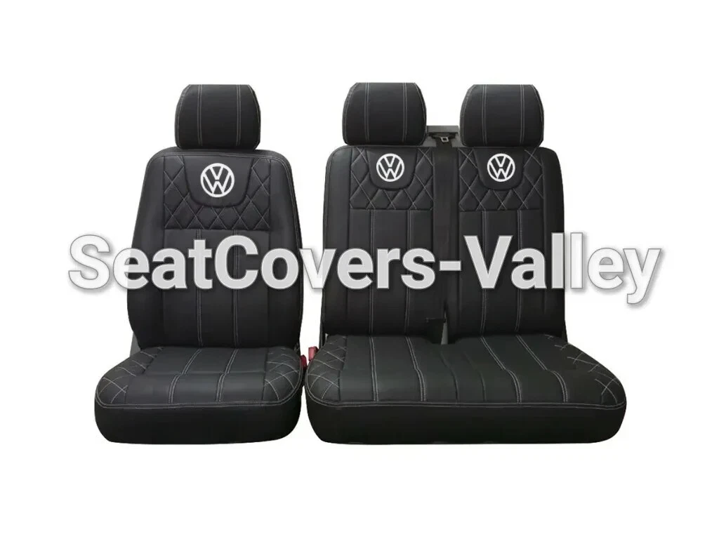 VW Transporter T5 T5.1 T6 T6.1 Leatherette Seat Covers (Full Black White White Stitching's And White VW Logos) - van seat covers