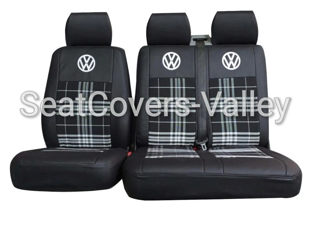 VW Transporter T5 T5.1 T6 T6.1 Leatherette Seat Covers (Black & Check Fabric With White VW Logos) - van seat covers