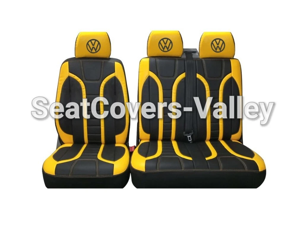 VW Transporter T5 T5.1 T6 T6.1 Leatherette Seat Covers (Black & Yellow With VW logos) New Design - van seat covers