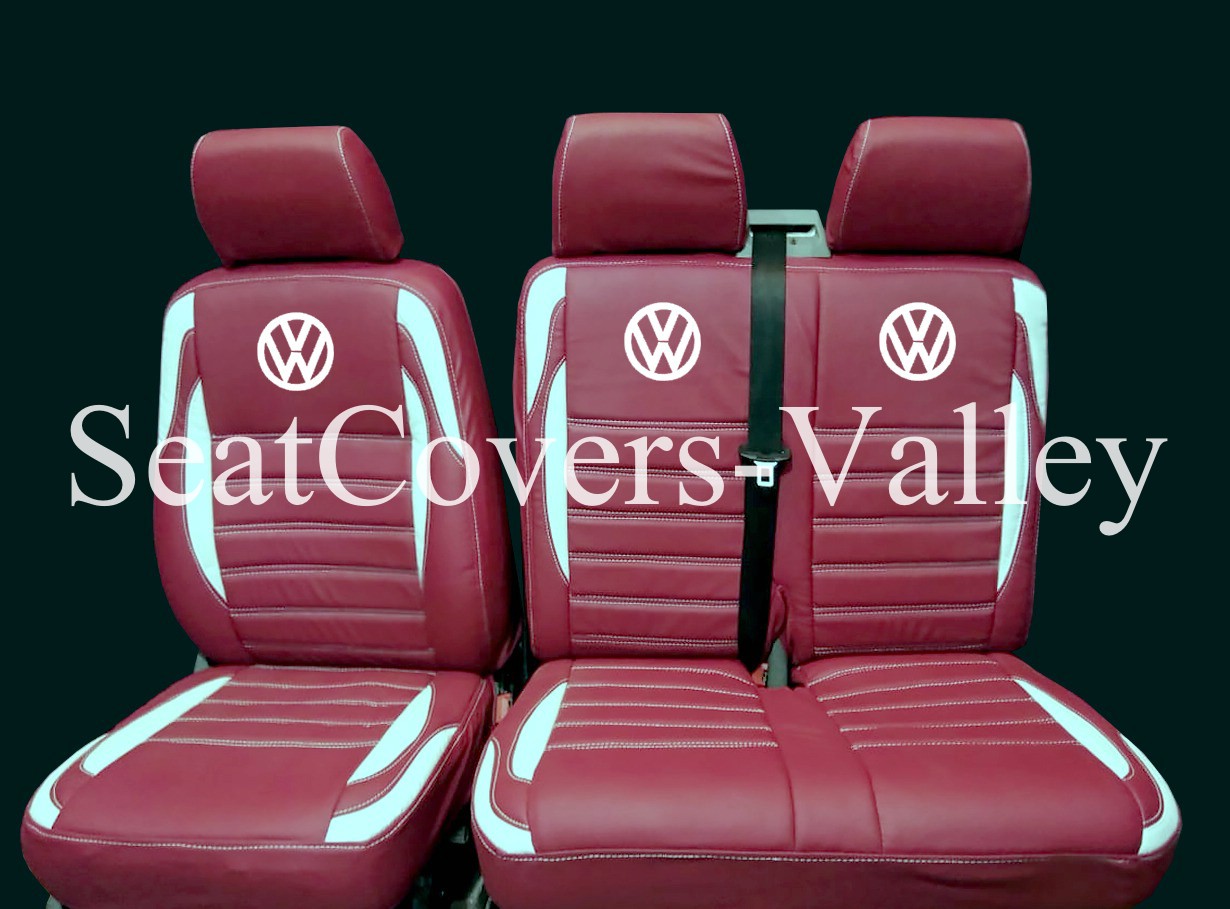 VW Transporter T5 T5.1 T6 T6.1 Leatherette Seat Covers (Burgundy & White With White VW Logos) - van seat covers