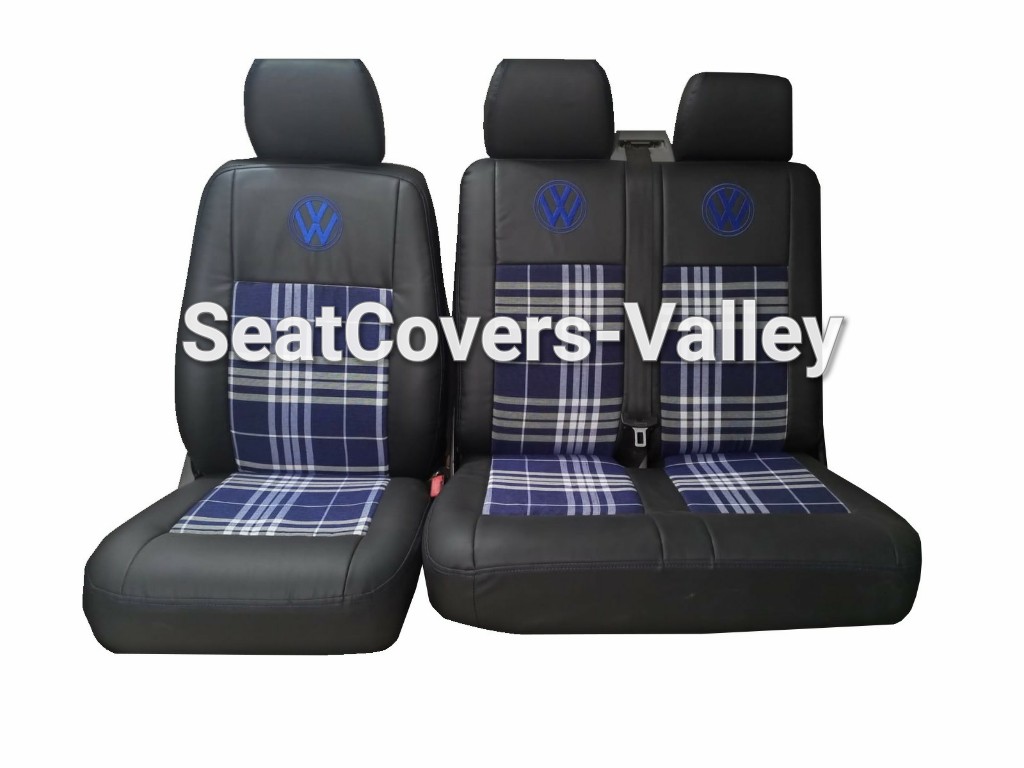 VW Transporter T5 T5.1 T6 T6.1 Leatherette Seat Covers (Black And Check Fabric In Middle With VW Logos) - van seat covers