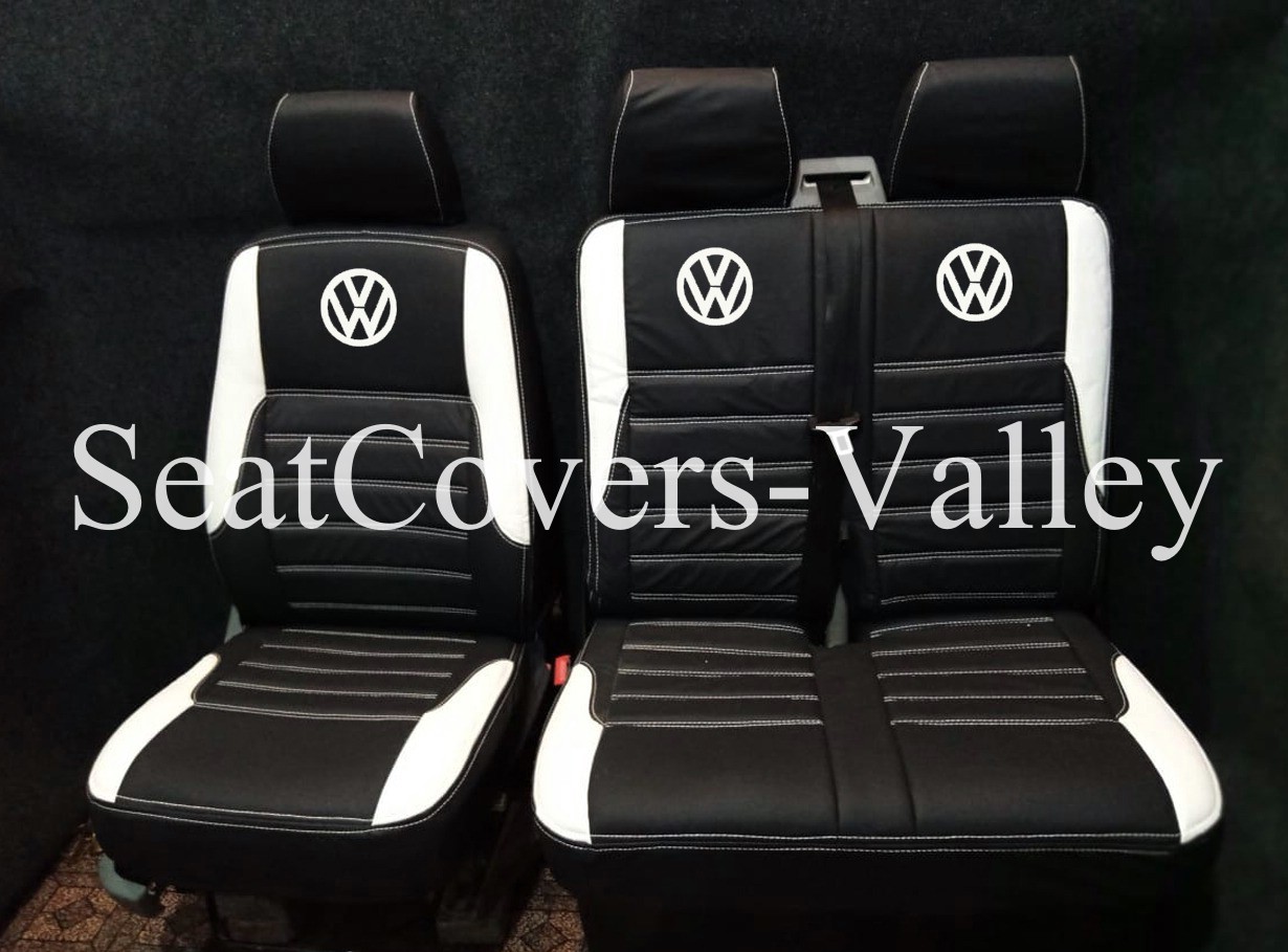 VW Transporter T5 T5.1 T6 T6.1 Leatherette Seat Covers (Plain Black & White With VW Logos) - van seat covers
