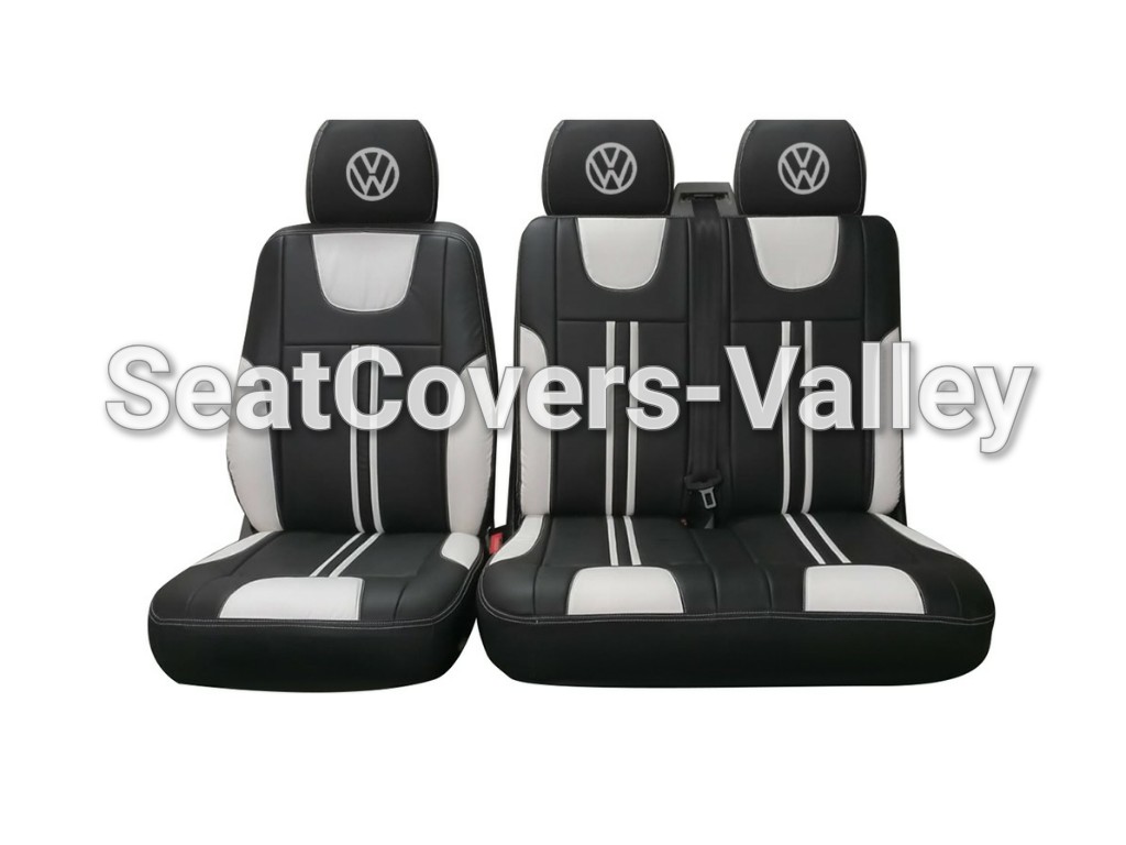 VW Transporter T5 T5.1 T6 T6.1 Leatherette Seat Covers (Black & White With VW Logos) New Design - van seat covers