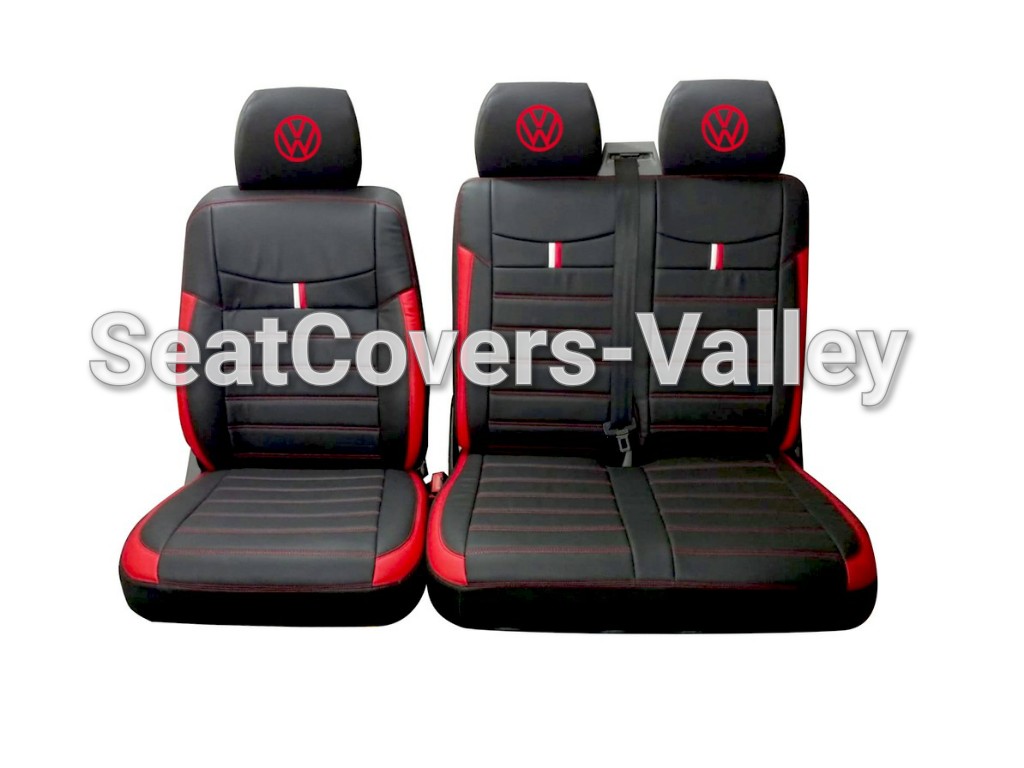 VW Transporter T5 T5.1 T6 T6.1 Leatherette Seat Covers (Black & Red With VW Logos) New Design - van seat covers