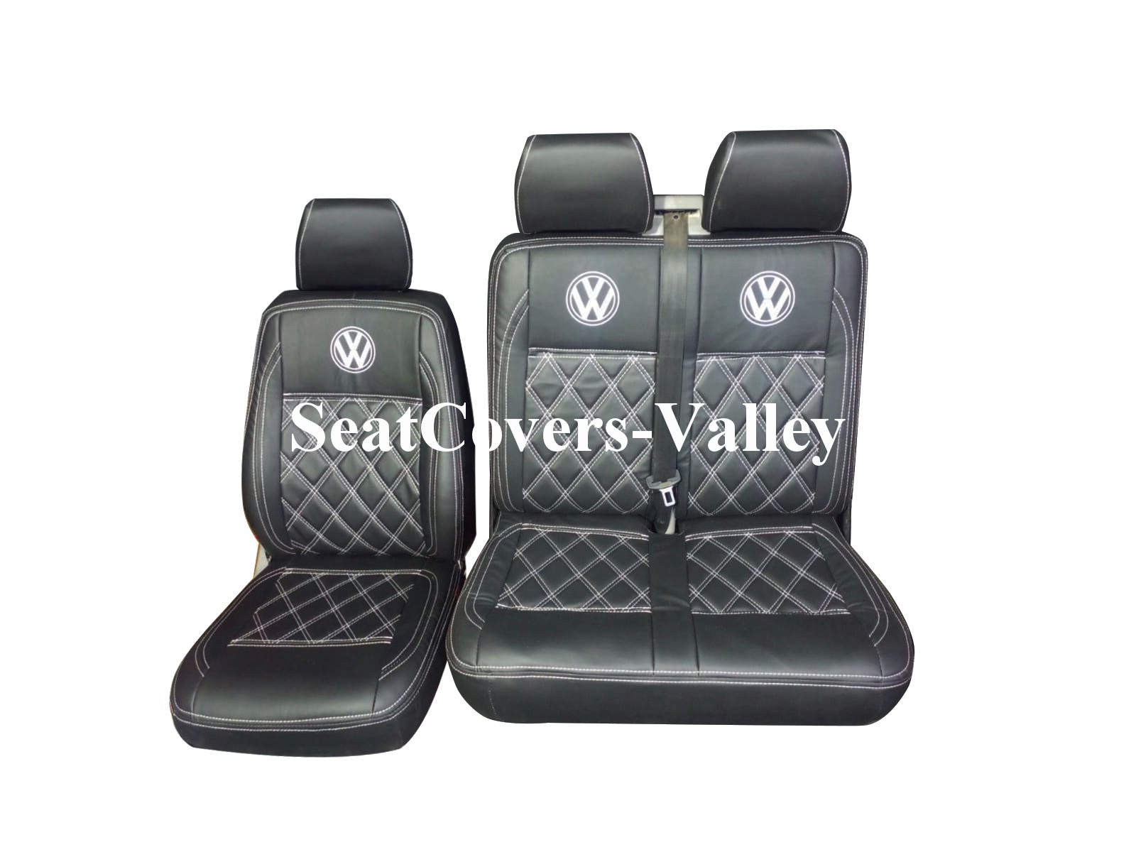 VW Transporter T5 T5.1 T6 T6.1 Leatherette Seat Covers (Full Black With White Diamonds & VW Logos ) - van seat covers