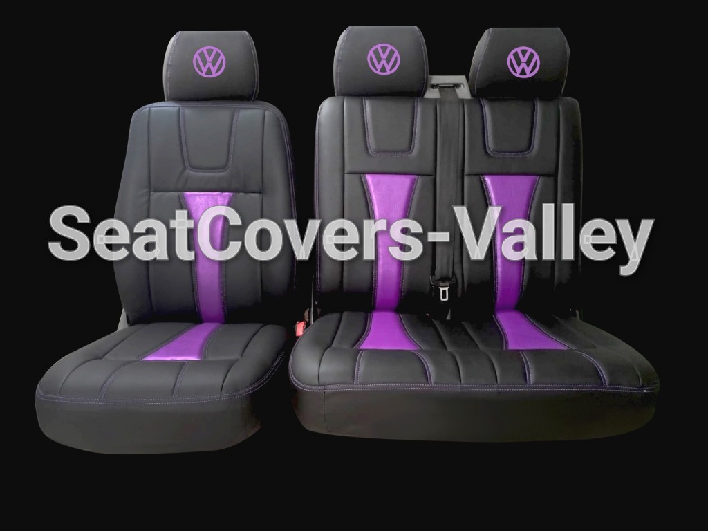 VW Transporter T5 T5.1 T6 T6.1 Leatherette Seat Covers (Black & Purple With Purple VW Logos) New Design - van seat covers