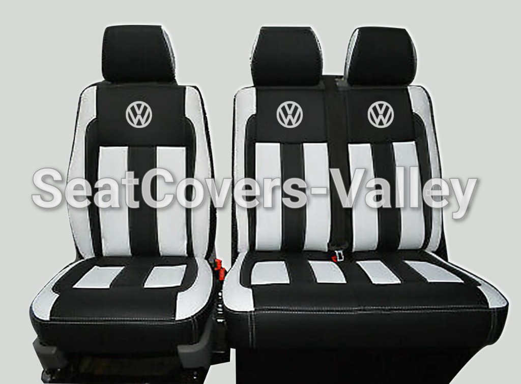 VW Transporter T5 T5.1 T6 T6.1 Leatherette Seat Covers (Black & White Colour With White VW Logos) New Design - van seat covers