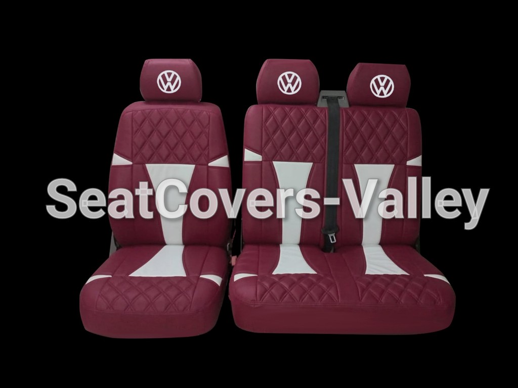 VW Transporter T5 T5.1 T6 T6.1 Leatherette Seat Covers (Burgundy & White With VW Logos) New Design - van seat covers