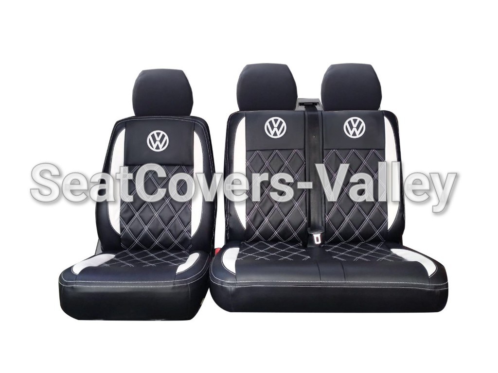 VW Transporter T5 T5.1 T6 T6.1 Leatherette Seat Covers (Black & White With Diamonds, VW Logos) - van seat covers