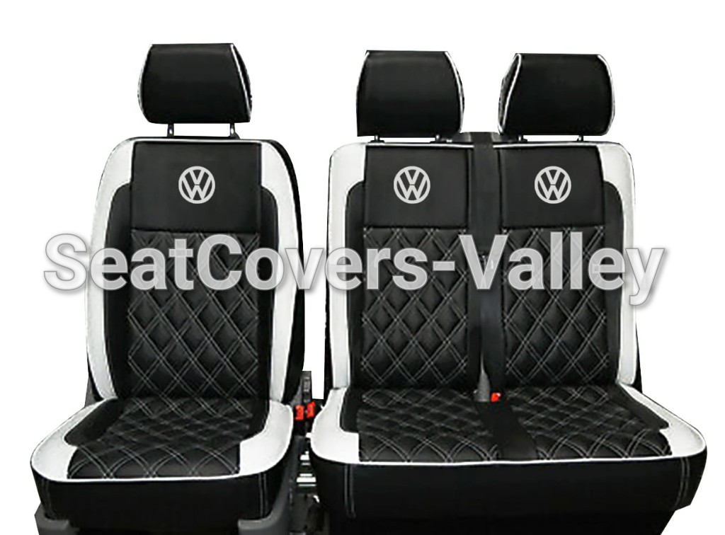 VW Transporter T5 T5.1 T6 T6.1 Leatherette Seat Covers (Black & White With Diamonds, Piping's, VW Logos) - van seat covers