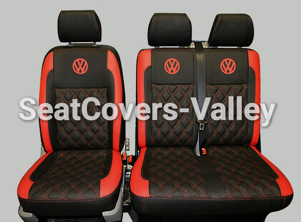 VW Transporter T5 T5.1 T6 T6.1 Leatherette Seat Covers (Black & Red With Diamonds, VW Logos) - van seat covers